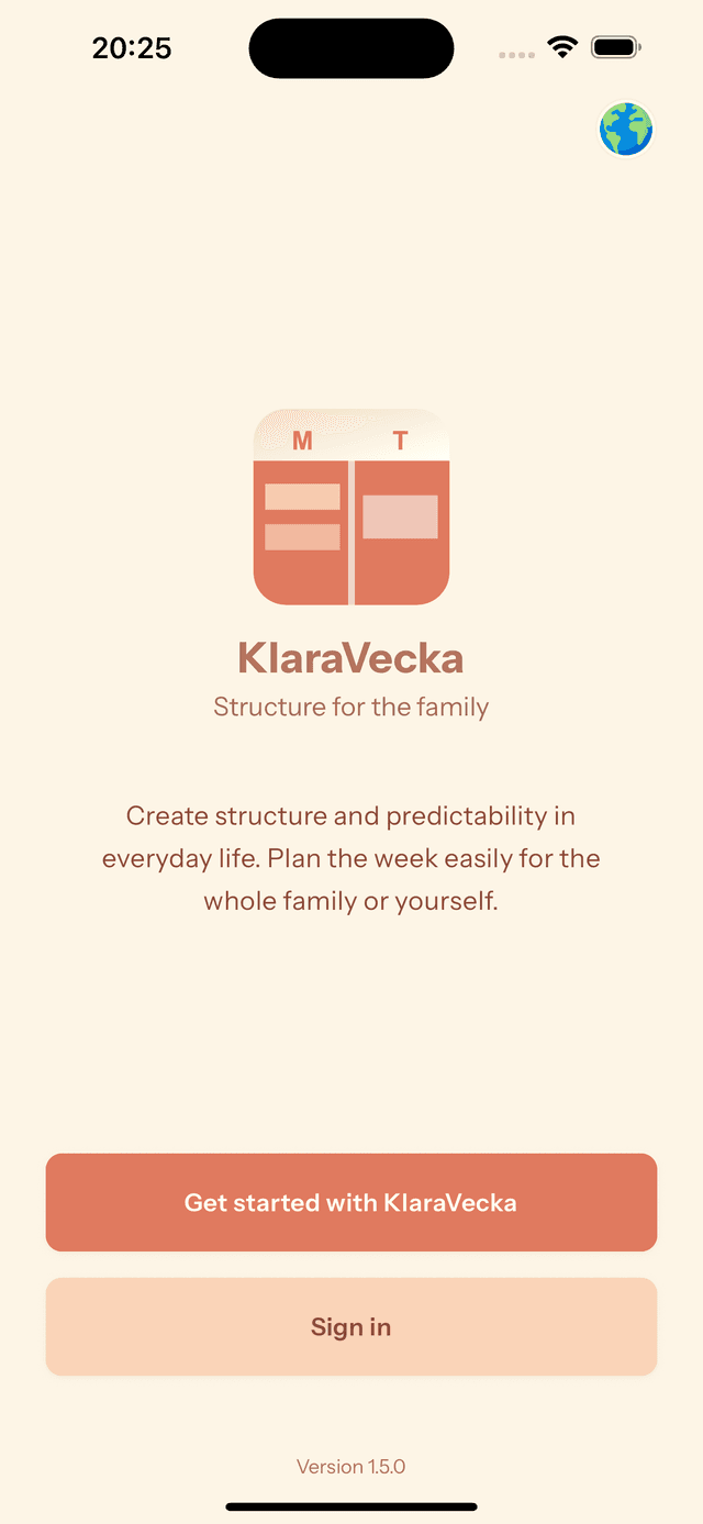 KlaraVecka app screenshot showing a family-friendly calendar view with clear structure and ADHD-adapted design