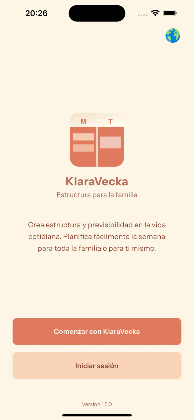 Captura de pantalla de la app KlaraVecka mostrando una vista de calendario familiar con estructura clara y diseño adaptado al TDAH