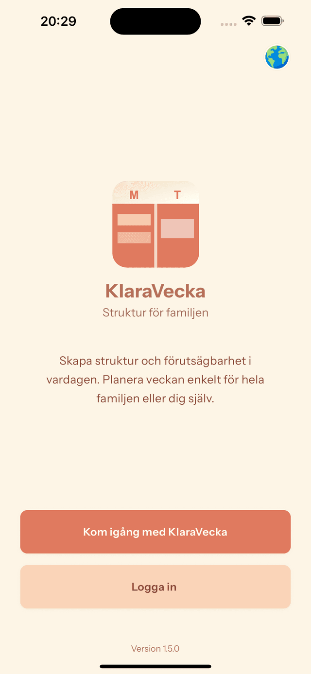 KlaraVecka app skärmbild som visar en familjevänlig kalendervy med tydlig struktur och ADHD-anpassad design
