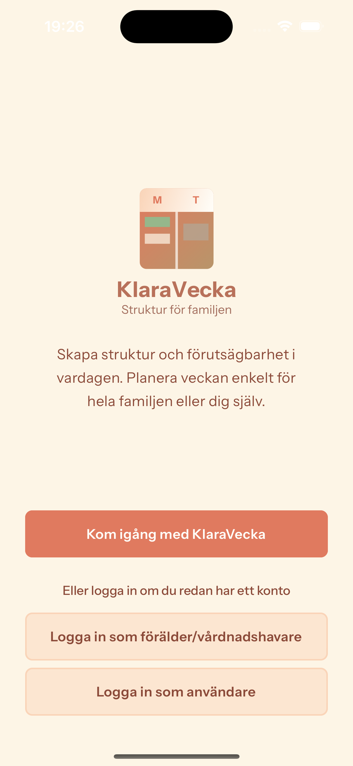 KlaraVecka app skärmbild som visar en familjevänlig kalendervy med tydlig struktur och ADHD-anpassad design