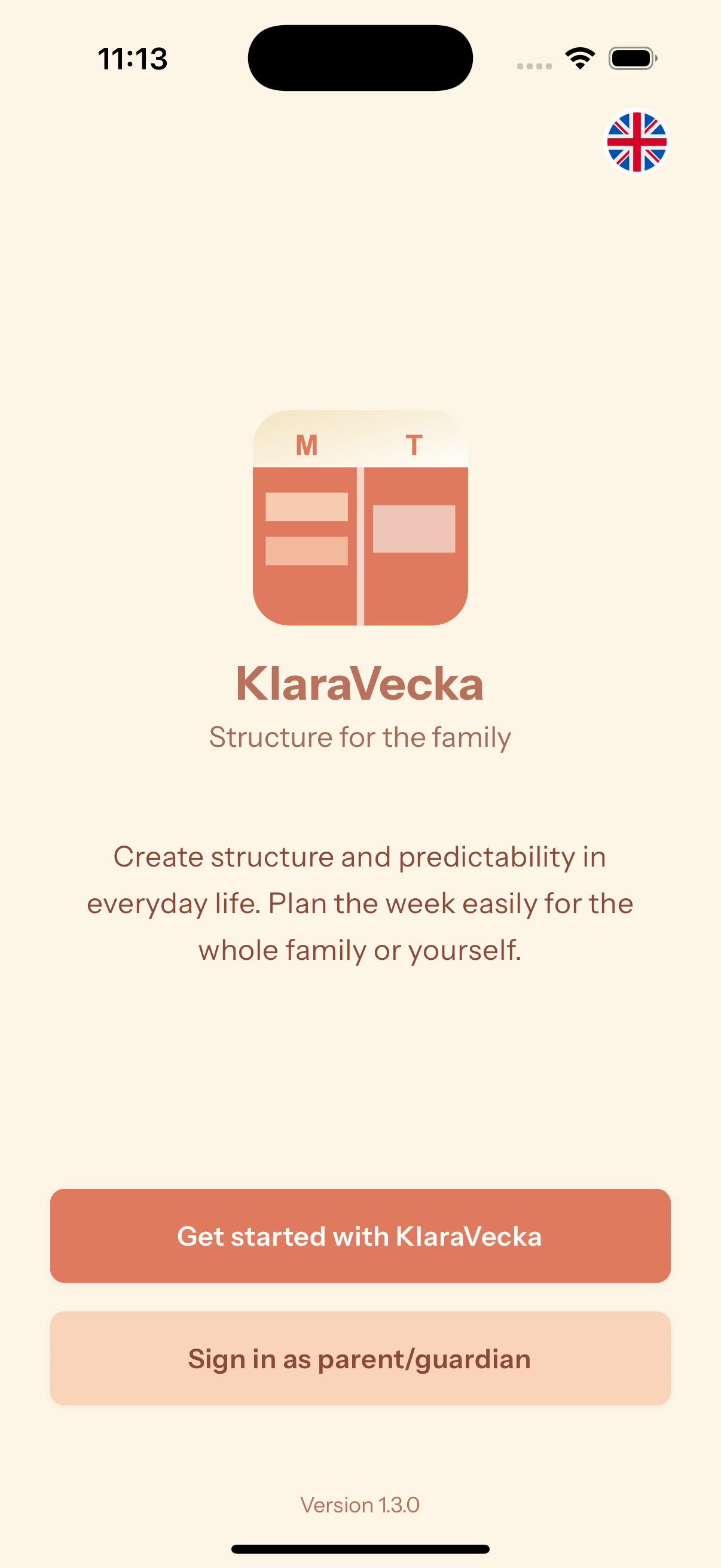 KlaraVecka app screenshot showing a family-friendly calendar view with clear structure and ADHD-adapted design
