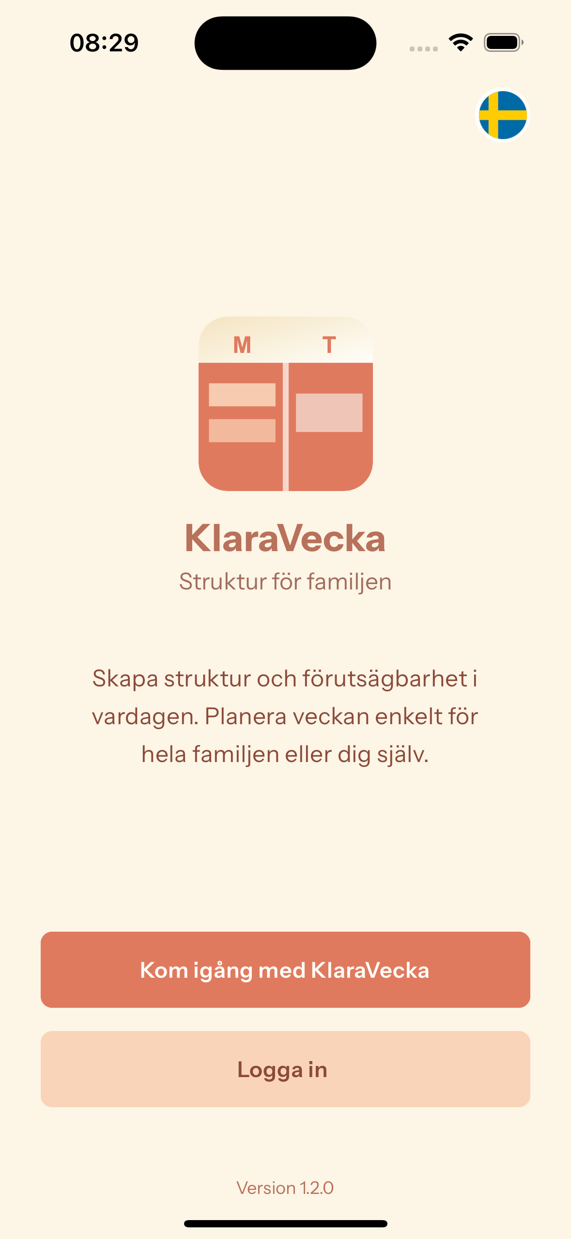 KlaraVecka app skärmbild som visar en familjevänlig kalendervy med tydlig struktur och ADHD-anpassad design
